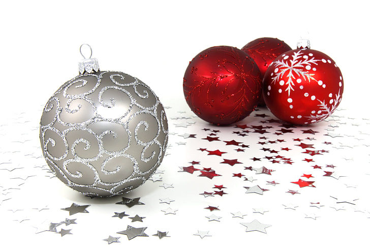 three red and one grey baubles