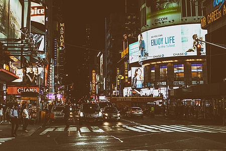 Night time street shot taken near Time Square in Manhattan, New York City