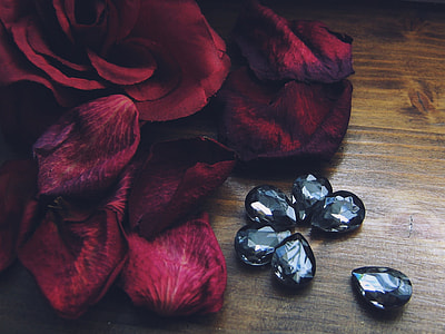 six black gemstones beside red rose