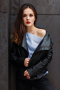woman wearing black leather full-zip jacket