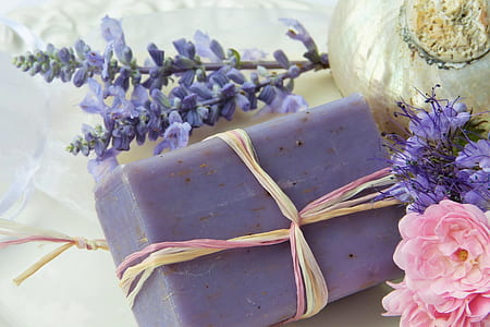 purple soap bar with flowers
