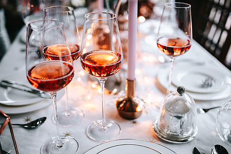 Rose wine glass on christmas table