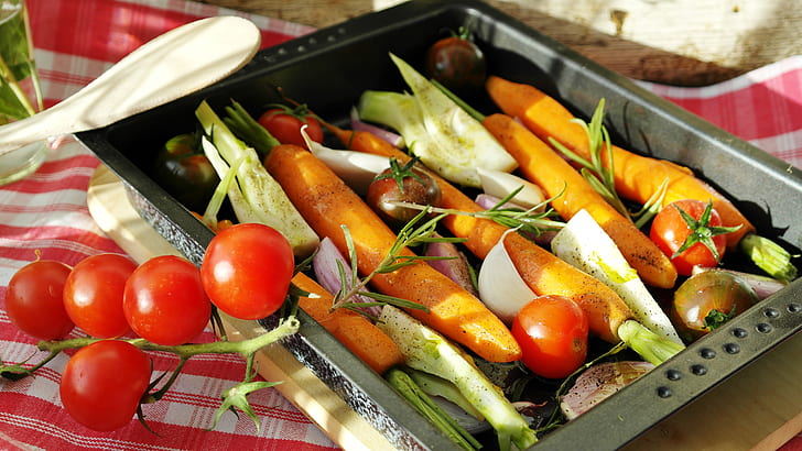 assorted fruit and vegetables on stainless steel tray