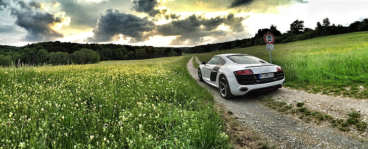 photography of silver Audi R8 near grass field