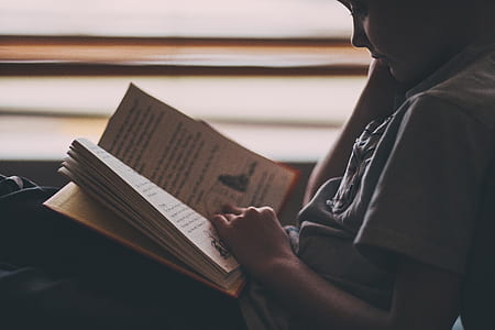 person in gray shirt reading book
