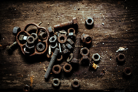 Tools, nails and bolts in a workshop