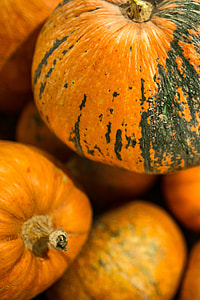 Close-ups of pumpkins in a wooden box