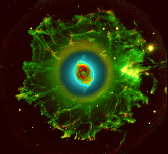 green, teal, yellow, graphic art, cat's eye nebula, ngc 6543