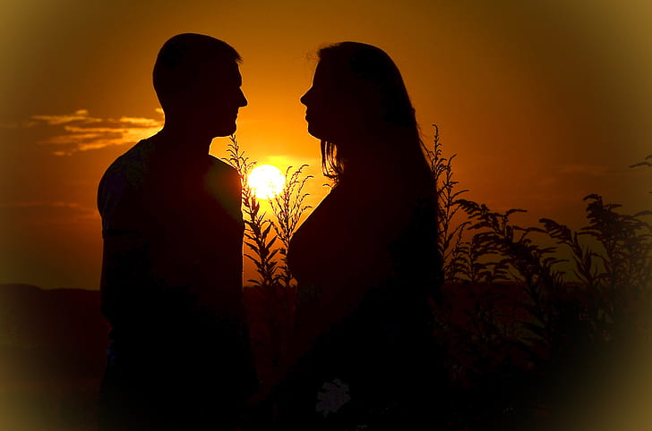 silhouette photo of man and woman standing during golden hour