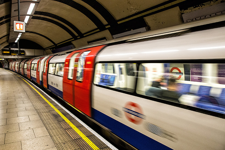 A tube train arrives at a platform on the London Underground