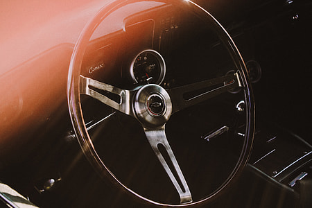 Steering wheel of old retro car