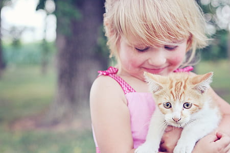 girl holding orange Tabby kitten