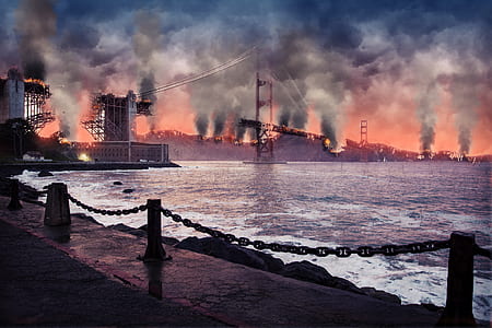 city buildings on fire beside ocean water illustration