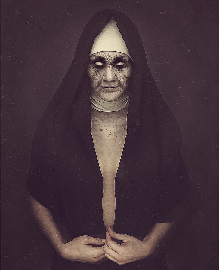 woman dressed as nun with face photo edit