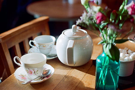 teapot, cup, saucer, tea, drink
