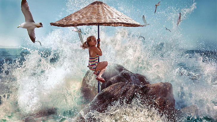 photo of woman holding patio umbrella with sea wave and flying sea birds