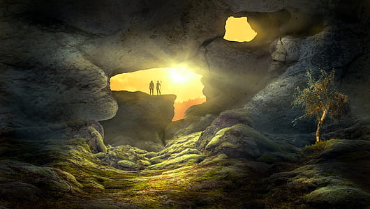 silhouette of two men on rock during golden hour digital illustration