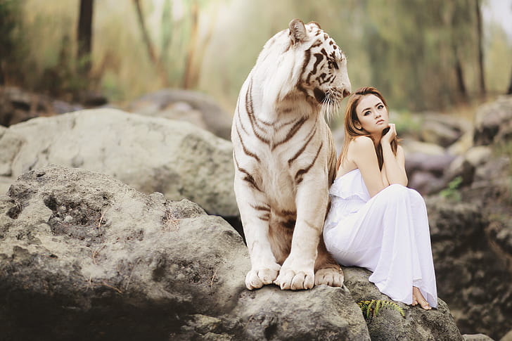 photography of woman in white dress beside the white and gray tiger