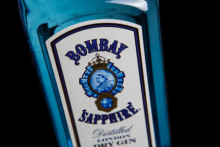 Close-up shot of a blue bottle of Bombay Sapphire gin, image captured with a Canon 5D DSLR