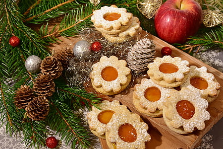 scallop cookies beside pine cones
