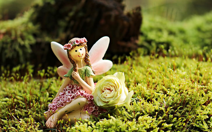 fairy figurine near white petal flower