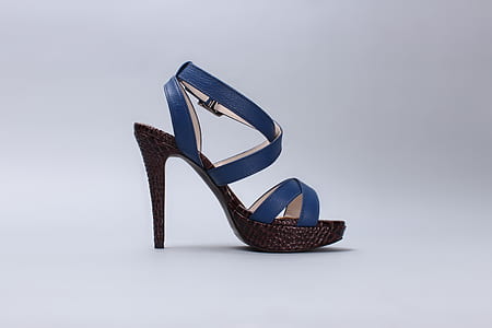 Blue Leather Ankle Strap Black Heeled Sandals