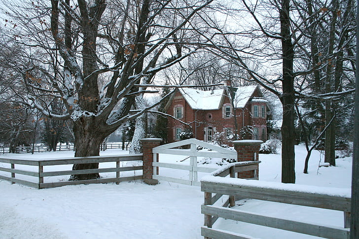 snow covered brown house