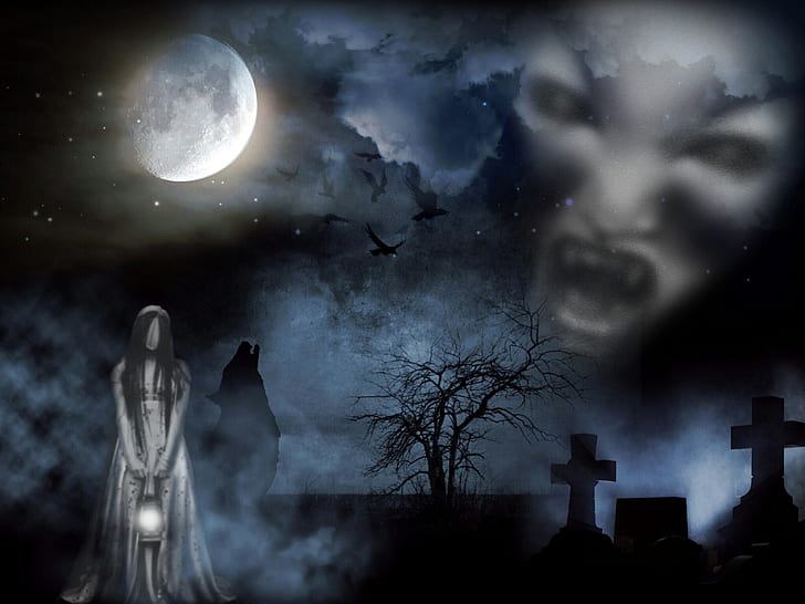 woman in white standing at cemetery and white ghoul face in clouds under full moon graphic wallpaper
