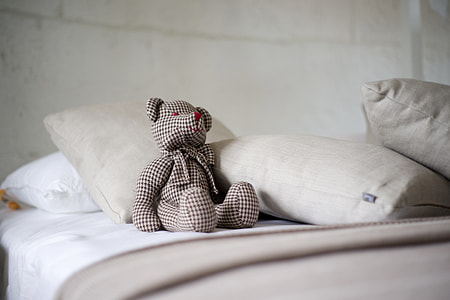 bear plush toy beside pillows on bed