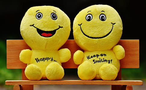 two emoji plush toys sitting on bench