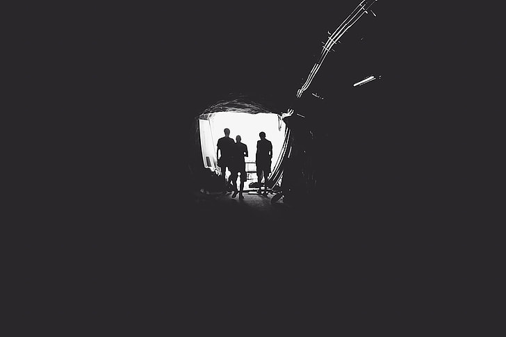 gray scale, photo, people, cave, tunnel, mining
