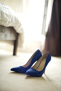 pair of blue-and-beige polka-dot leather pointed-toe stiletto pumps