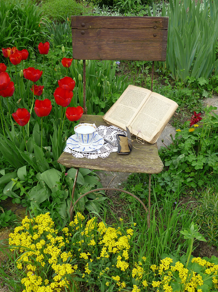 teacup and book on chair surrounded with flowers