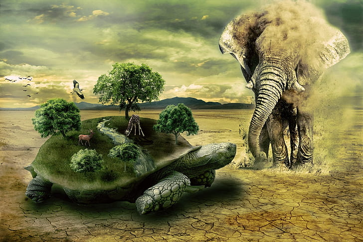 grey elephant and green turtle with trees and grasses on its body edited photo