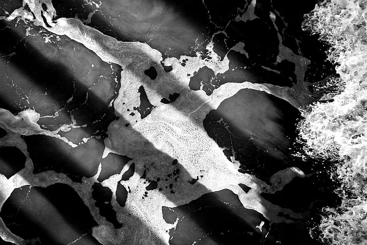 black and white, ocean, ocean foam, shadow, splash