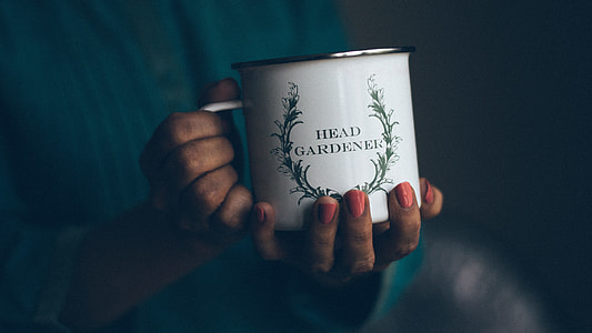 person holding white Head Gardener mug