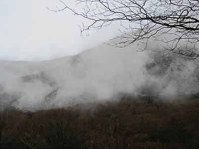green mountain with full of fog