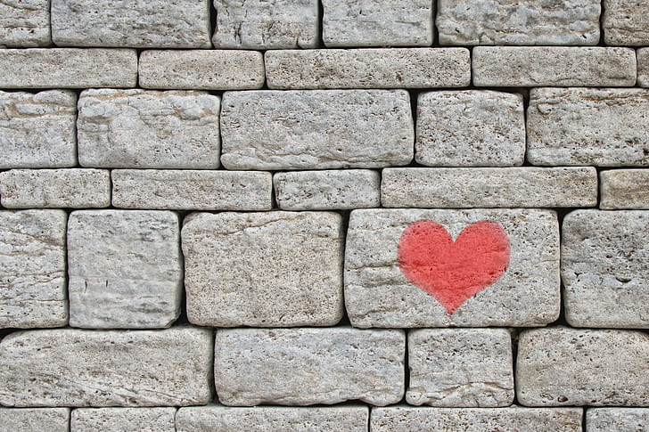 gray bricks with red heart print