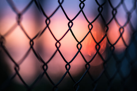 Closeup shot of a metal mesh fence at sunset