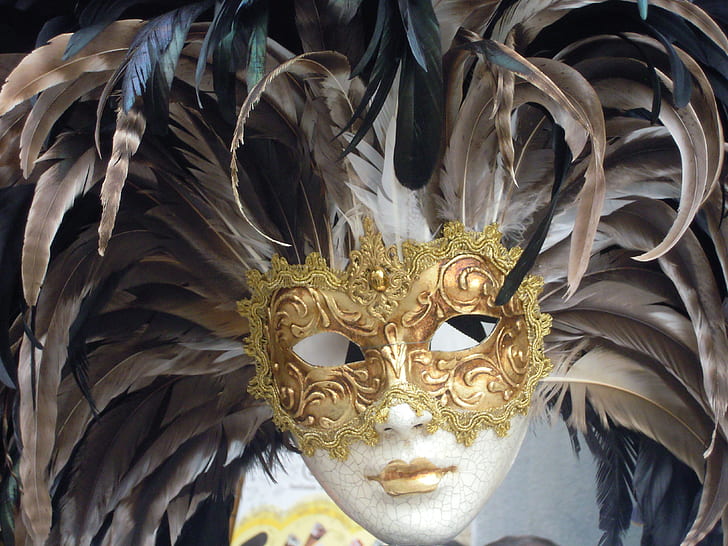 closeup photo of brown and gold feather masquerade mask