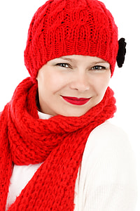 woman wearing red knitted scarf and knit cap