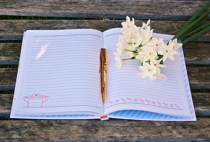 flat lay photography of open notebook with pen and flowers on top