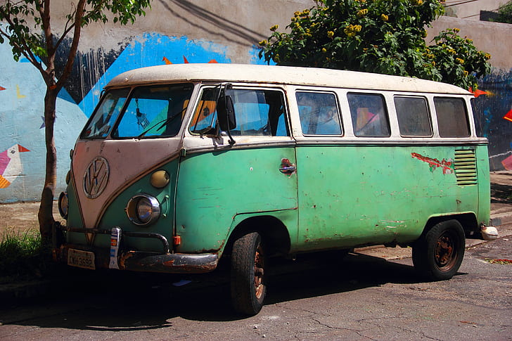 photograph of vintage green Volkswagen van