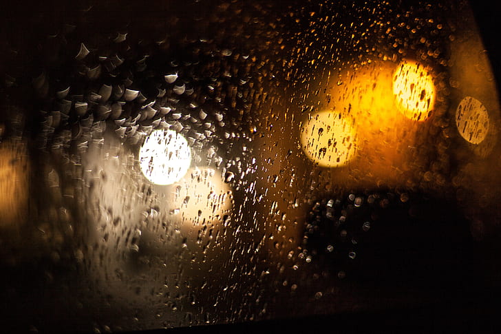 drops, raindrops, glass, bokeh, night, rain