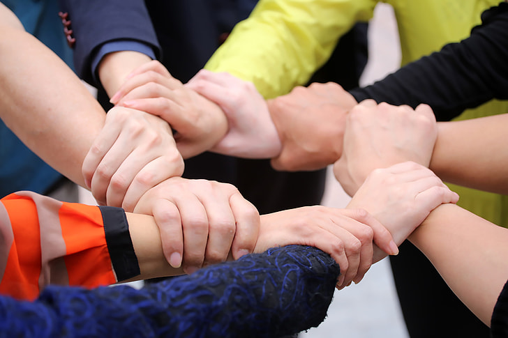 group of people holding each others wrists