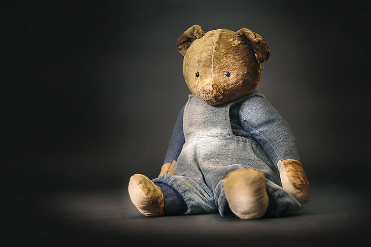 bear plush toy wearing gray long-sleeved dress