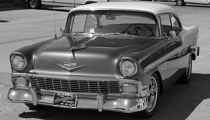 Chevrolet Bel Air grayscale photography during daytime