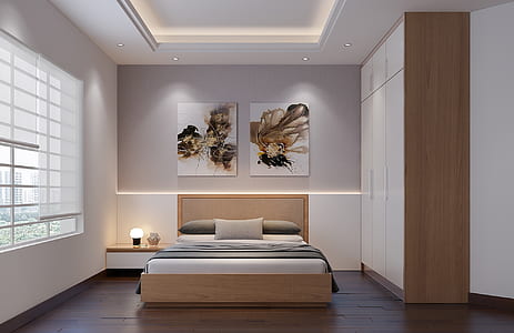 white and brown bedroom interior