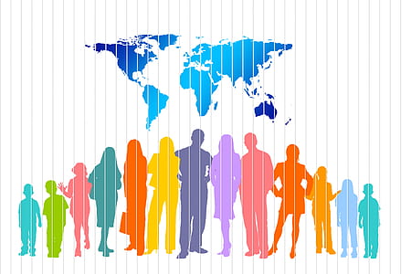 group of people with world map