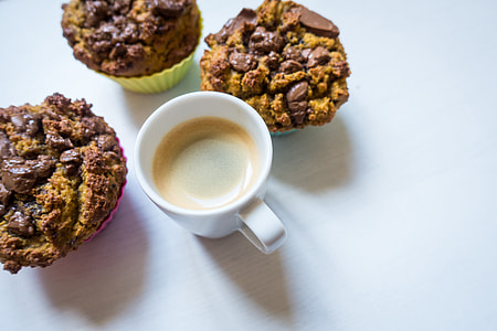 Coffee espresso with homemade chocolate muffins